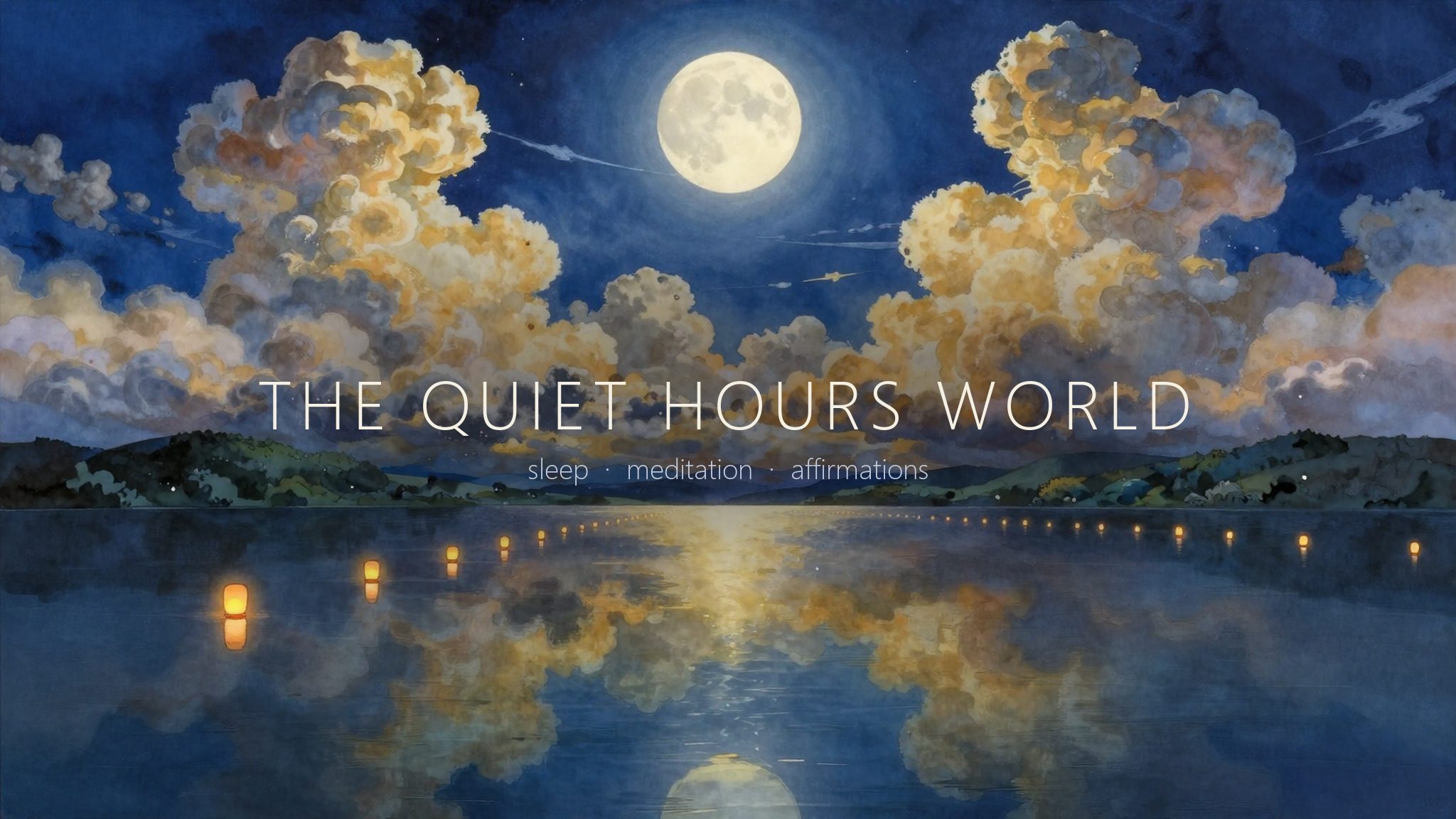 A painted night landscape: a full moon over glowing clouds, reflected in a still lake lined with floating lanterns.